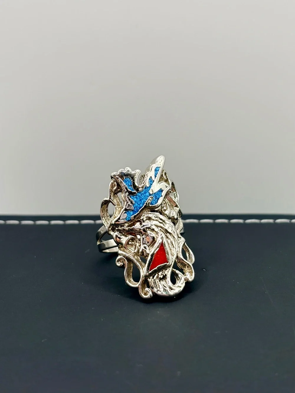 Tribal Silver Plated Statement Ring with Turquoise and Coral Accents